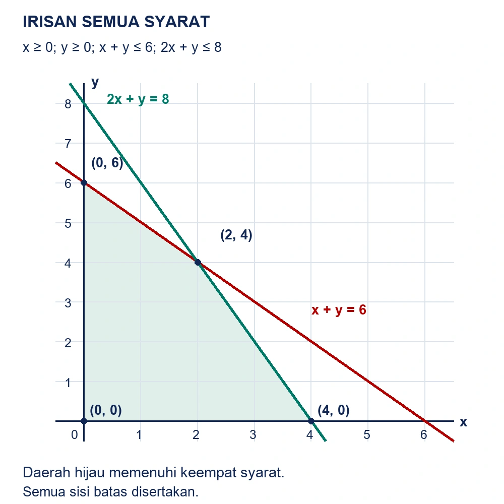 Daerah segiempat tertutup dengan titik sudut nol koma nol, empat koma nol, dua koma empat, dan nol koma enam, dibatasi sumbu dan dua garis.