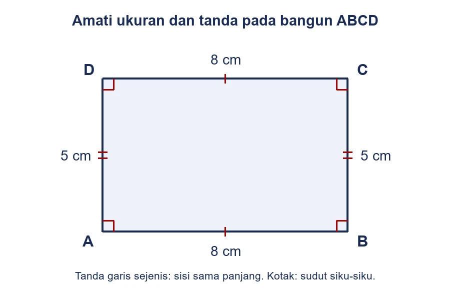 Segi empat bersudut siku-siku dengan tanda kesamaan sisi berhadapan.