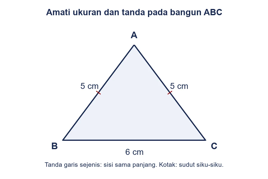 Segitiga dengan sisi AB dan AC masing-masing 5 cm serta sisi BC 6 cm.