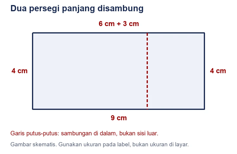 Dua persegi panjang 6 cm kali 4 cm dan 3 cm kali 4 cm disambung pada sisi sepanjang 4 cm. Garis putus-putus menunjukkan sambungan di dalam bangun.