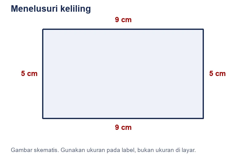Persegi panjang dengan sisi mendatar 9 cm dan sisi tegak 5 cm.