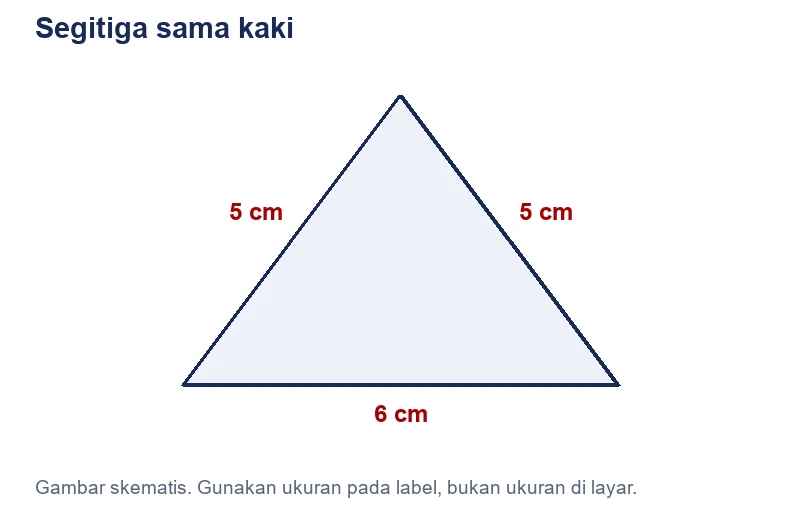 Segitiga sama kaki dengan dua sisi 5 cm dan alas 6 cm.