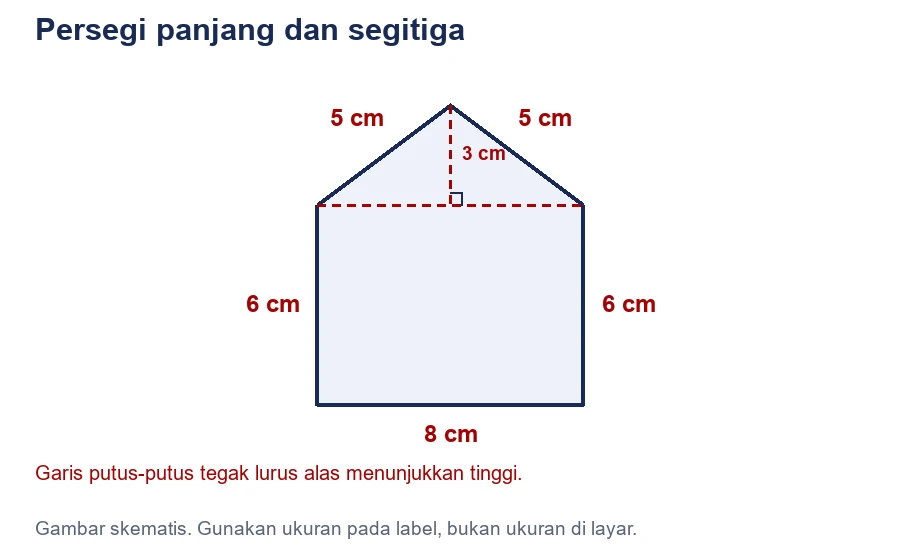 Bangun seperti rumah dengan bagian persegi panjang 8 cm kali 6 cm dan atap segitiga beralas 8 cm dengan tinggi 3 cm.
