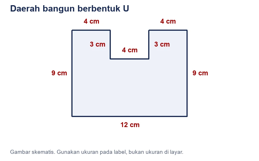 Bangun U dengan ukuran luar 12 cm kali 9 cm dan bagian kosong di atas berukuran 4 cm kali 3 cm.