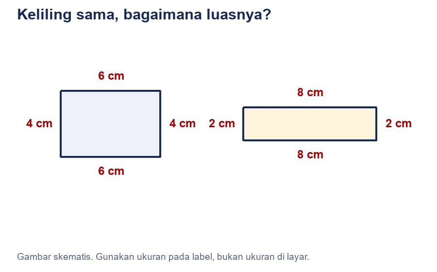 Persegi panjang kiri berukuran 6 cm kali 4 cm dan persegi panjang kanan 8 cm kali 2 cm.