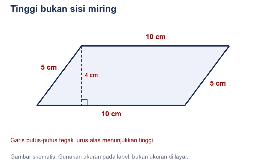 Jajargenjang memiliki alas 10 cm, tinggi tegak lurus 4 cm, dan sisi miring 5 cm.