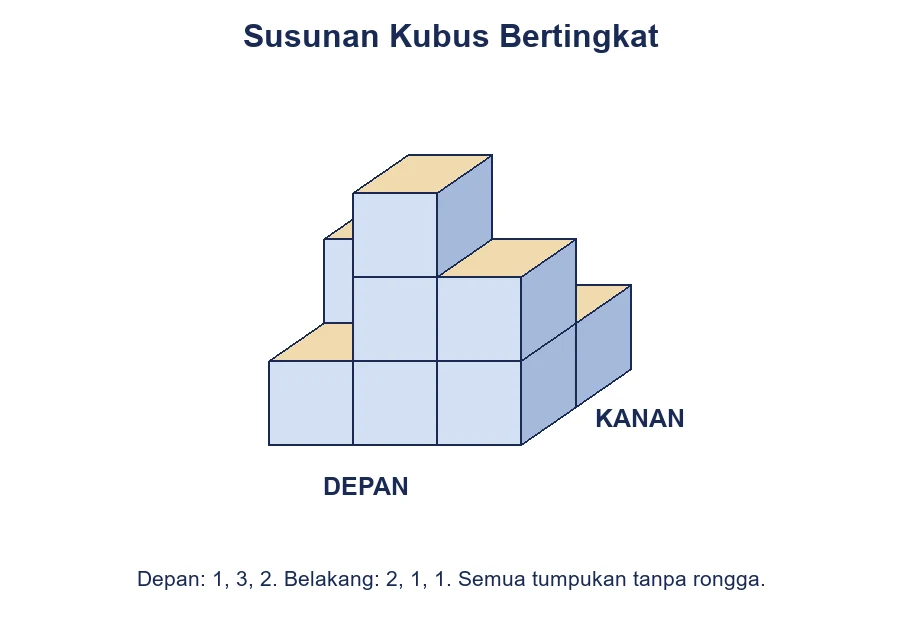 Susunan sepuluh kubus dengan tiga kolom kiri-kanan dan dua baris depan-belakang.