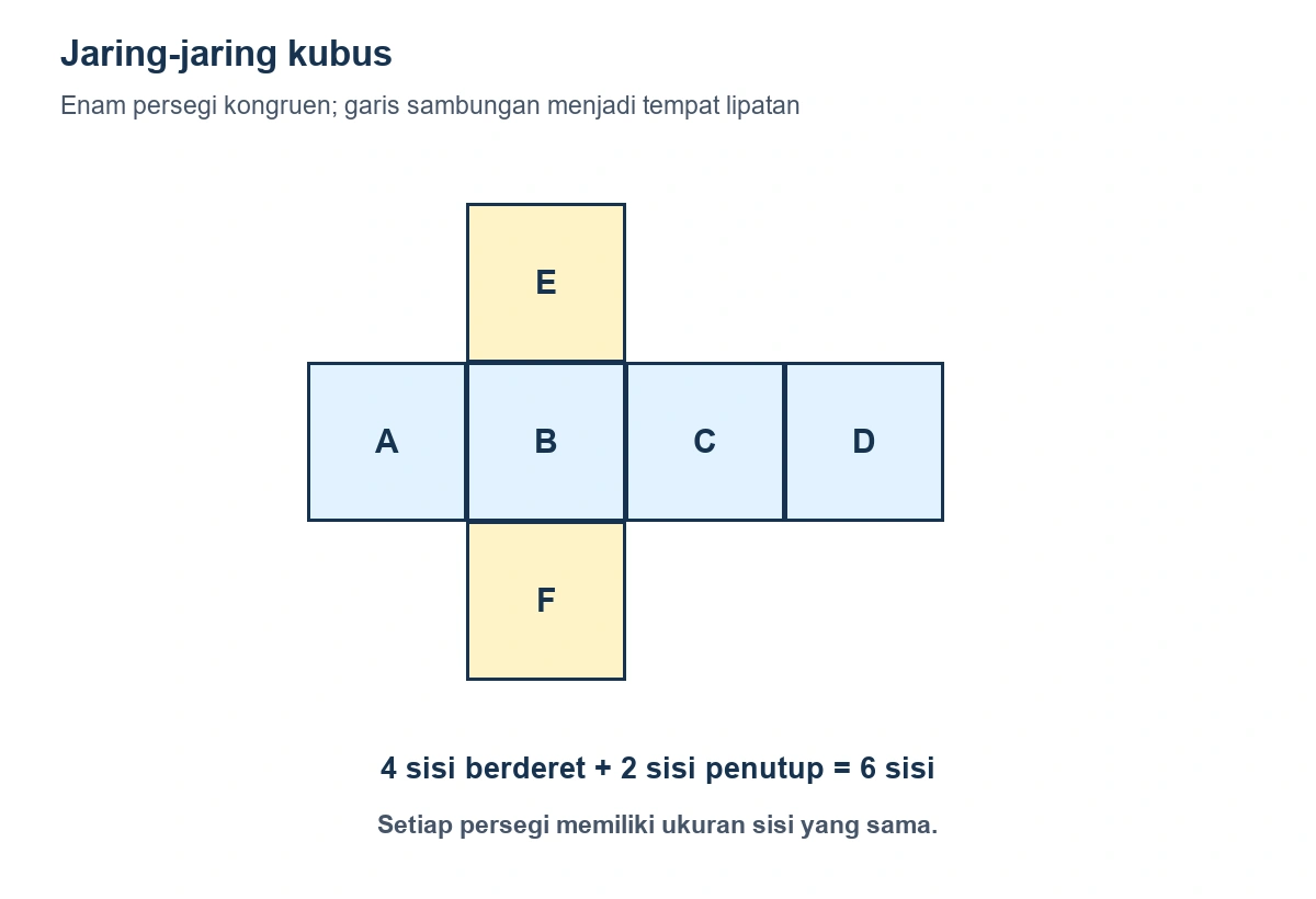 Jaring-jaring kubus berbentuk empat persegi berderet, satu persegi di atas persegi kedua dan satu di bawahnya.